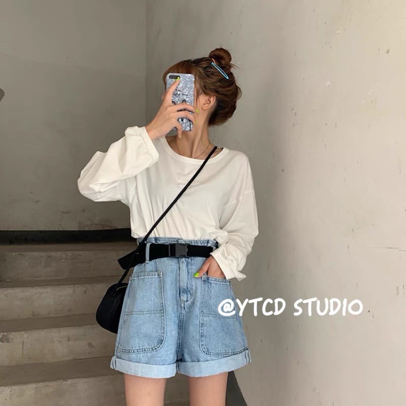 Quần short jean lưng cao phối túi kèm thắt lưng quảng châu có sẵn