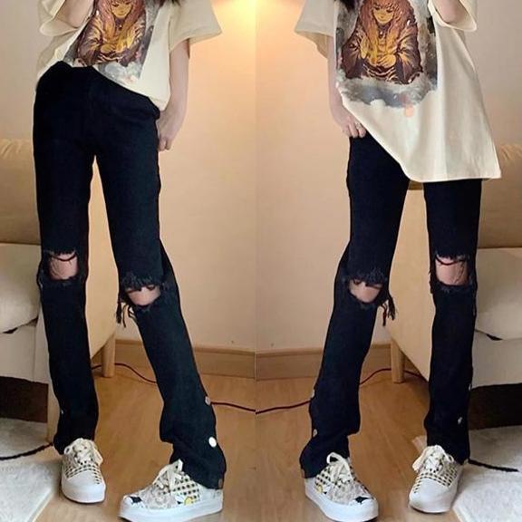 Quần jean dài COZOKC ống đứng phối rách phong cách đường phố cá tính cho nữ