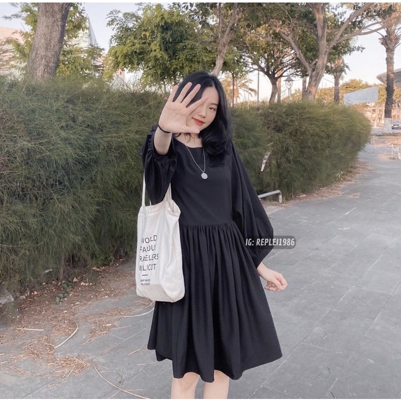 Đầm babydoll phồng cotton hàn dày dặn, thoáng mát