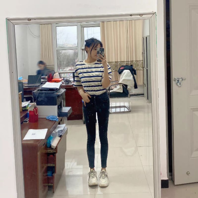 Áo phông áo thun nữ kẻ ngang thêu hình gấu phong cách Hàn Quốc