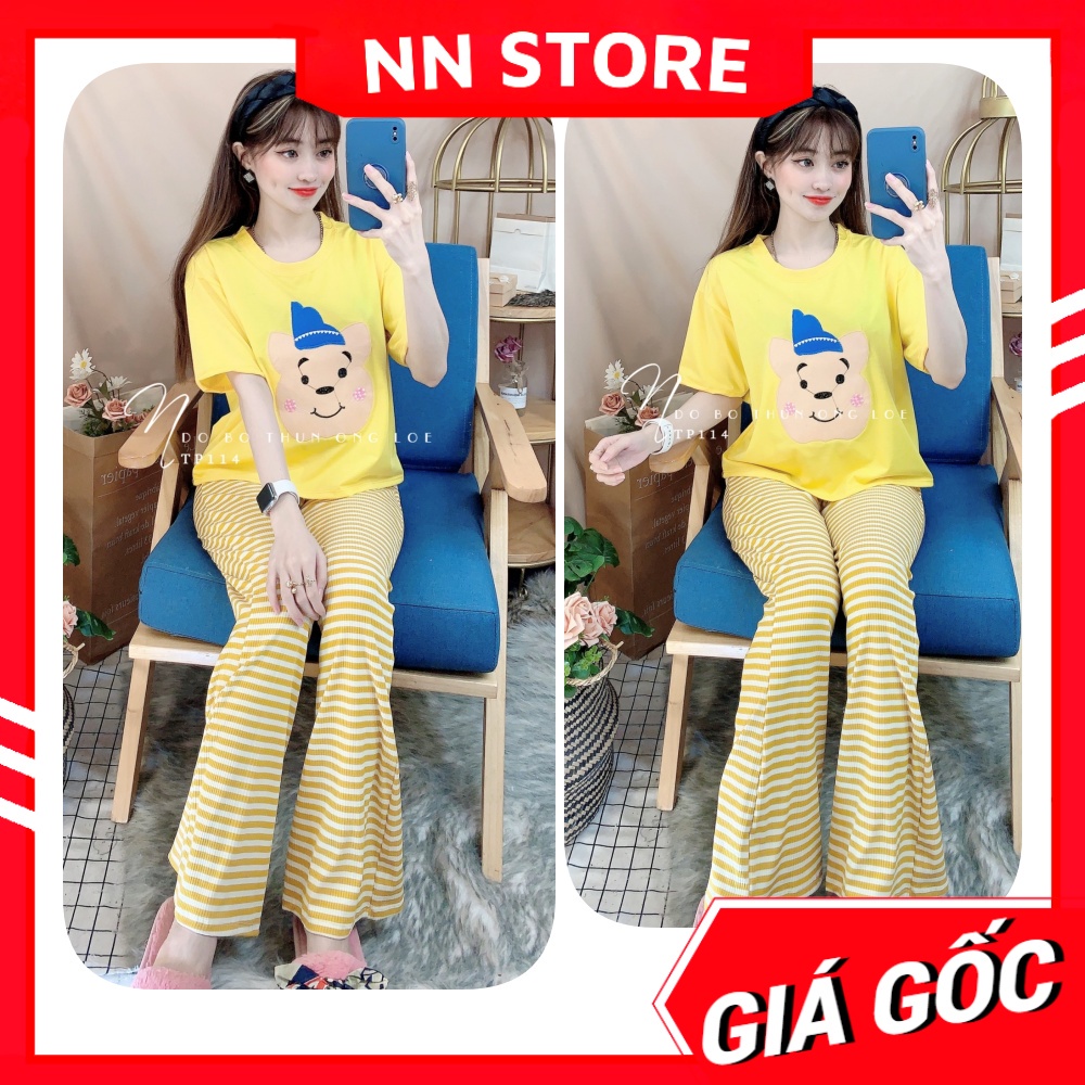 Đồ bộ thun dài ỐNG LOE quần sọc cho nữ mặc nhà in hình gấu chữ hoạt hình dễ thương chất thun mềm co giãn TP114