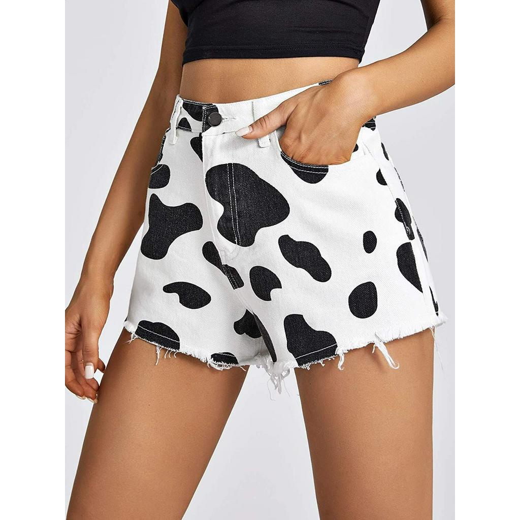 Quần Short Jeans Lưng Cao In Họa Tiết Thời Trang Dành Cho Nữ