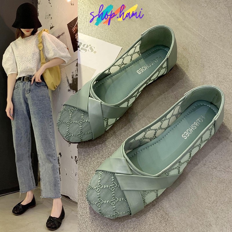 Giày Búp Bê Nữ Đẹp Da Kết Hợp Ren Thoáng Mát, Êm Chân Với Nhiều Màu Sắc : Đen, Xanh, Be Đủ Size 35-40 Shop Hami G38