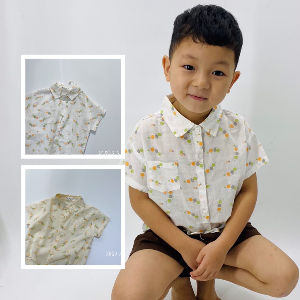 Áo sơ mi hoạ tiết hạt đậu vải cotton mềm mát bé trai 2-6 tuổi