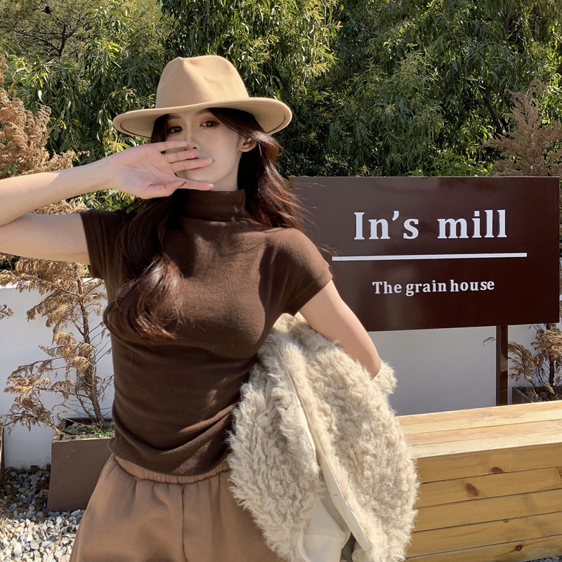 QKOOLE Áo thun cotton tay ngắn cổ cao phong cách Hàn Quốc cho nữ