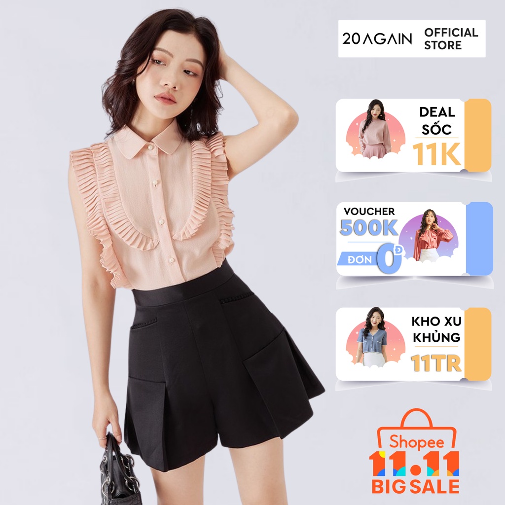[Mã WABR1111 giảm 10% đơn 250K] Áo sơ mi nữ sát nách cổ đức 20AGAIN, thiết kế viền bèo thanh lịch ASA1060