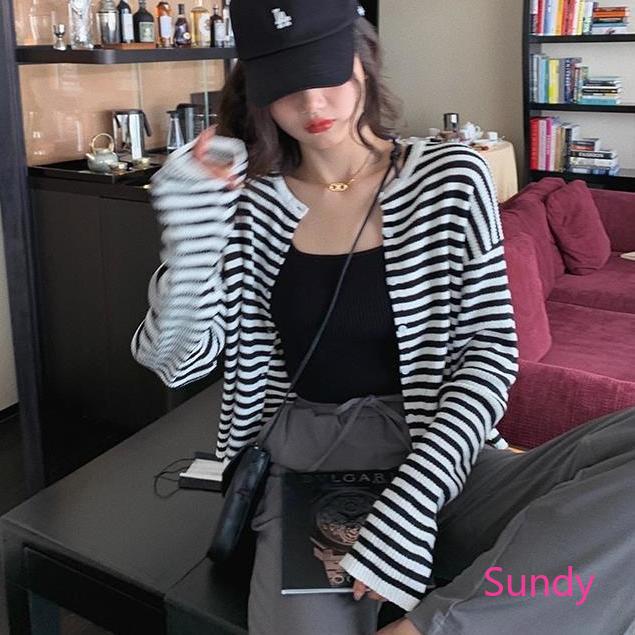Áo cardigan dệt kim cổ tròn dáng rộng kẻ sọc phong cách retro Hàn Quốc cho nữ