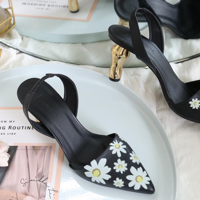 Slingback hoa cúc gót mạ vàng đồng 5cm