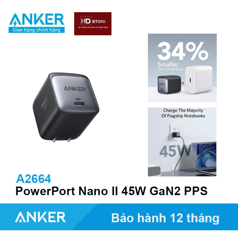 Sạc Anker PowerPort Nano II 45W GaN Thế hệ 2 PPS  - Mã A2664 Sạc nhanh Iphone Siêu nhanh Samsung