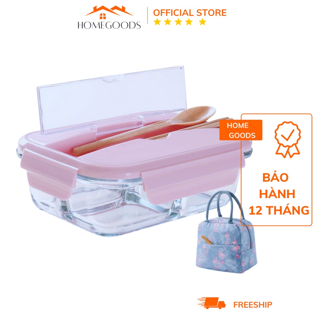 Hộp Cơm Thủy Tinh 3 Ngăn Văn Phòng Tặng Kèm Bộ Thìa Đũa Lúa Mạch + Túi Giữ Nhiệt - Home Goods Nhà Bếp