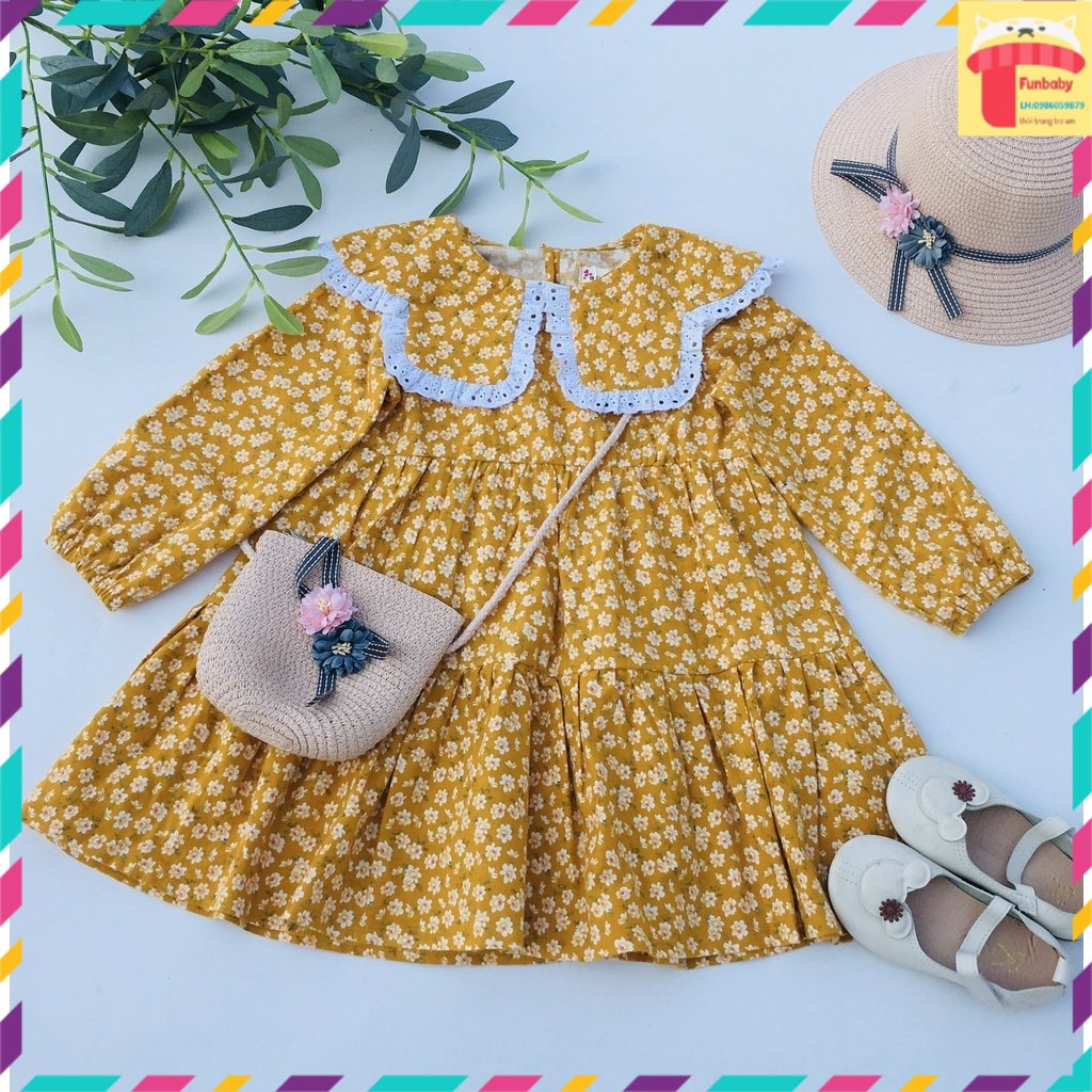 Đầm suông bé gái 2-10 tuổi cổ xòe viền ren, Váy dài tay cho bé vải cà bông dày dặn mềm mại kiểu dáng điệu đà