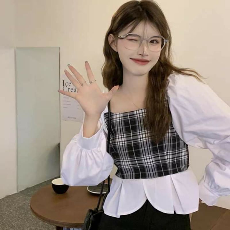 Áo kiểu cổ vuông tay bồng phong cách Ullzang 🍥