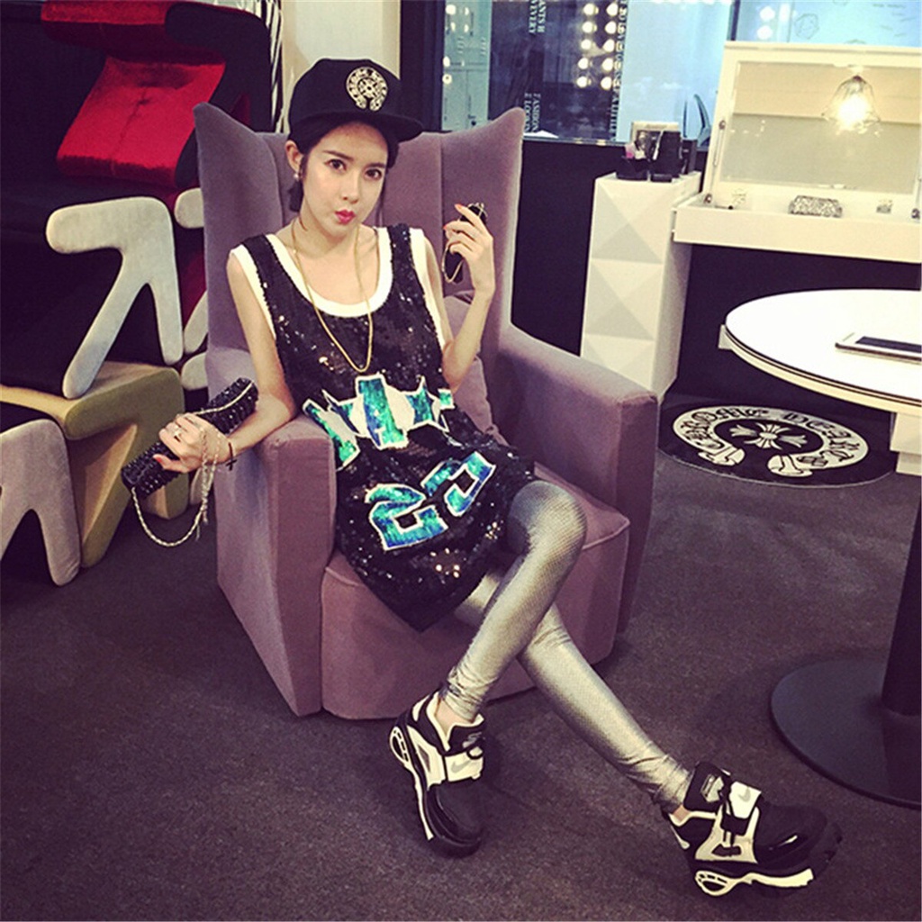 Áo Thun Hip-Hop Dáng Dài Đính Kim Sa 23 Chữ Cái Màu Đen / Bạc / Đỏ Lấp Lánh Phong Cách Jazz Cho Nữ 2047