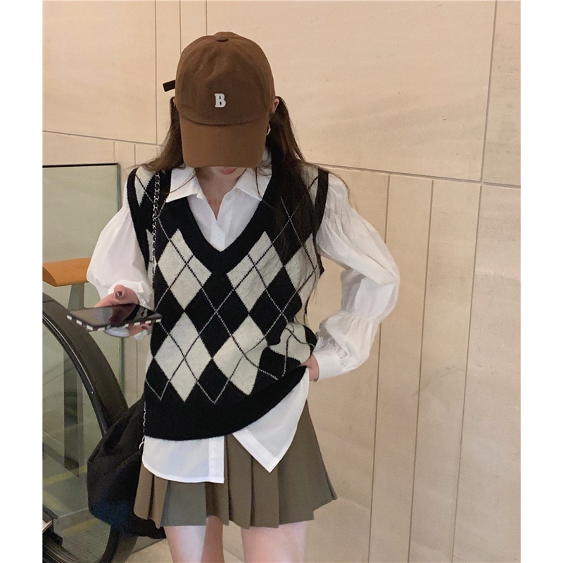 Áo gile len nữ ulzzang họa tiết ô trám chất len dệt kim đẹp áo len không tay cá tính - AL12 (sẵn) | BigBuy360 - bigbuy360.vn