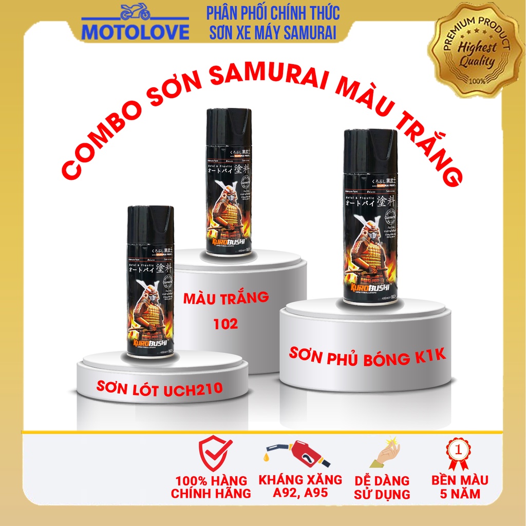 Combo sơn samurai trắng mã màu 102 dạng sơn xịt cao cấp dùng cho sơn xe máy, ô tô