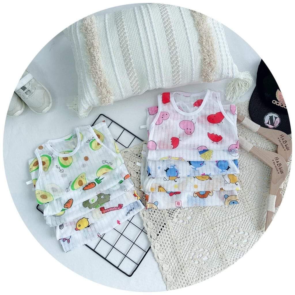 Bộ Ba Lỗ Cotton Giấy Cho Bé Trai, Bé Gái Họa Tiết Dễ Thương Từ 5 – 15kg