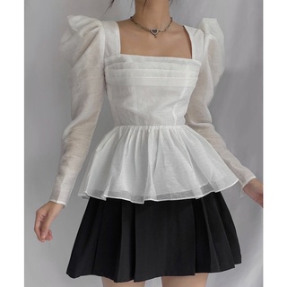 Set áo peplum trắng cổ vuông + chân váy xòe