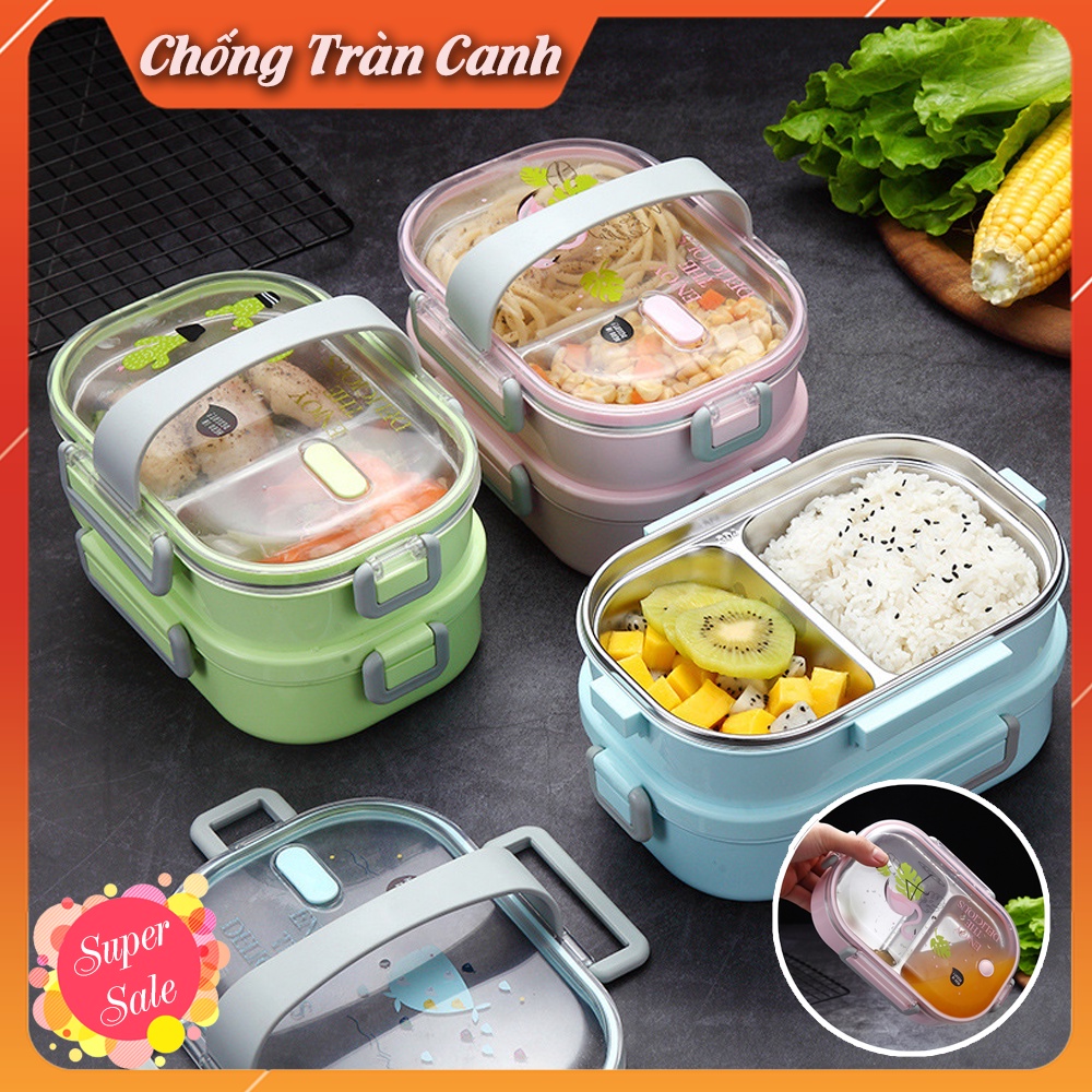 Hộp Cơm Giữ Nhiệt 2 Tầng 3 Ngăn Cao Cấp Chất Liệu Khay Inox304 Không Gỉ Chống Tràn HC-02