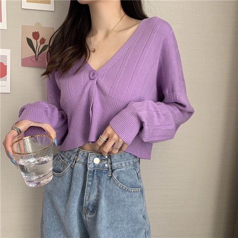 Áo croptop len mềm màu tím xinh ơi là xinh