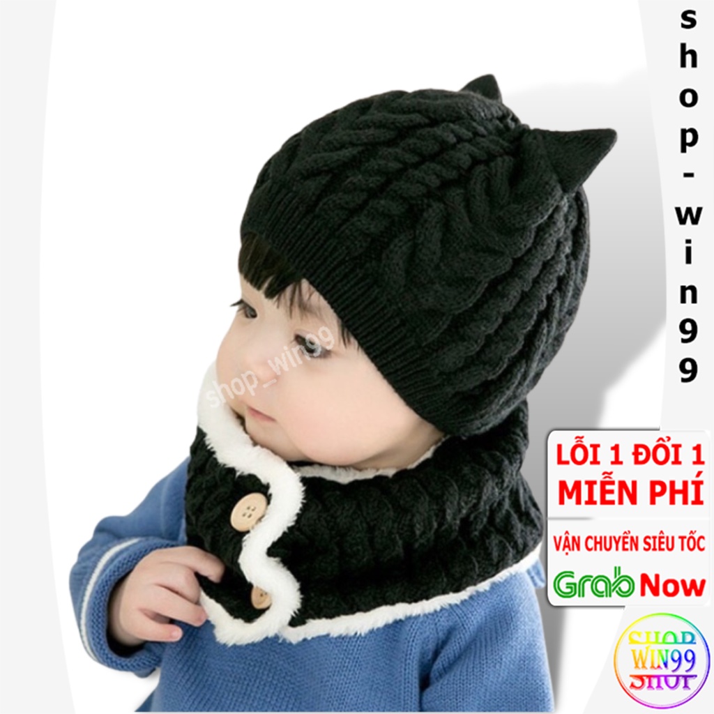 [SIÊU ẤM] Nón len trang trí 2 trái tim dễ thương cho bé/Nón len có hai quả bông kèm khăn cho bé cực đẹp từ 1-4 tuổi