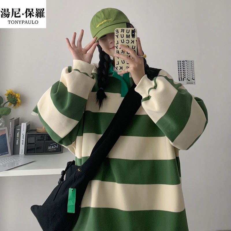 Áo Thun polo Dài Tay Form Rộng Họa Tiết Kẻ Sọc Trắng Đen Phong Cách Preppy Retro