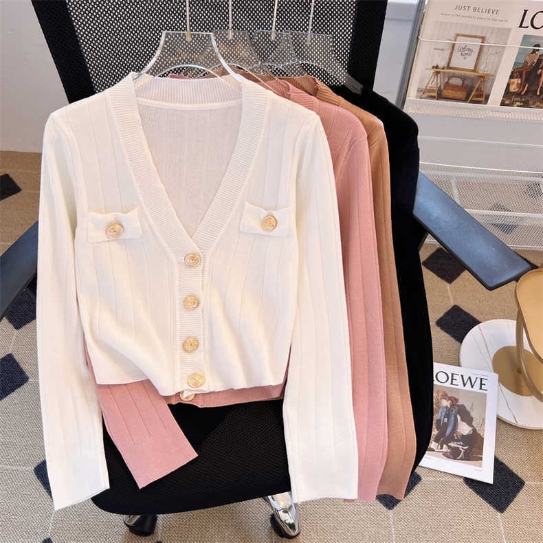 Áo Khoác cardigan Dệt Kim Tay Dài Dáng Ngắn Màu Hồng Thời Trang Mùa Thu Hàng Mới Dành Cho Bạn Nữ