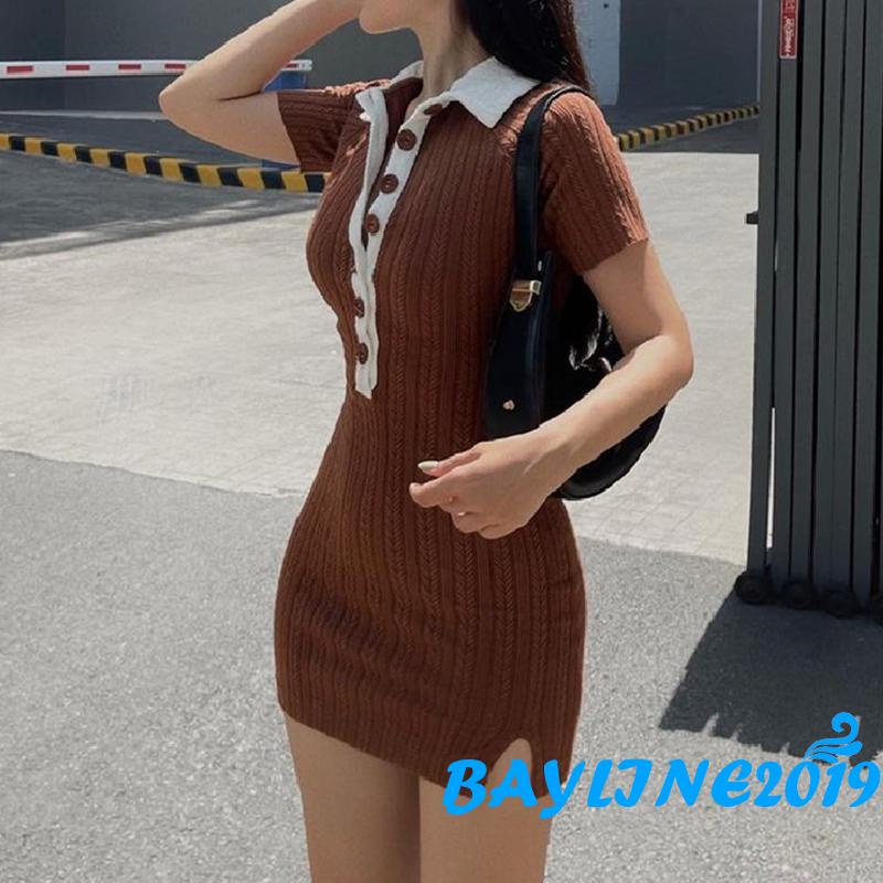 Đầm Dệt Kim Ngắn Tay Ôm Dáng Xẻ Tà Cài Nút Màu Sắc Tương Phản Cho Nữ