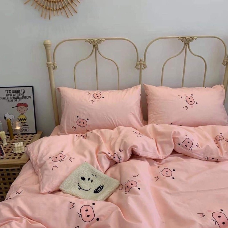 Bộ chăn ga và gối cotton poly-mẫu lợn hồng siêu xinh -luis bedding shop chăn ga