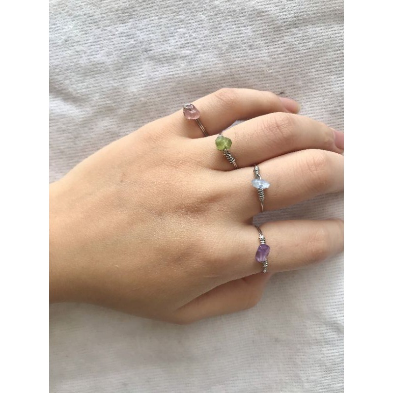 Nhẫn đồng handmade peridot, aquamarine, sunstone, strawberry quartz, aventurine, amethyst