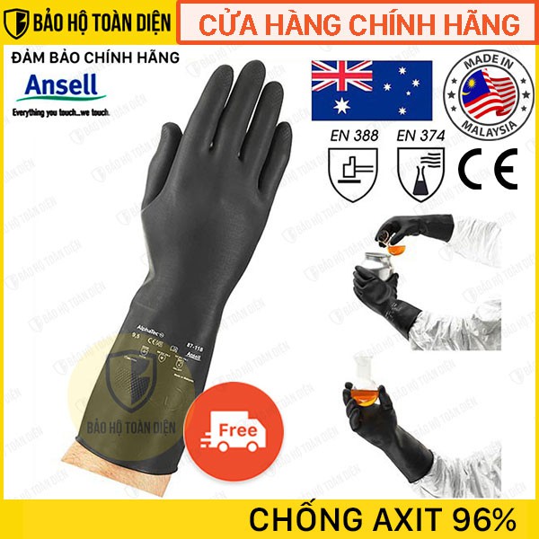 [Nhập Khẩu] Găng Ansell 87-118 chịu axit H2SO4 96% _ Chống tẩy rửa, hóa chất. Găng chống hóa chất có lót cotton