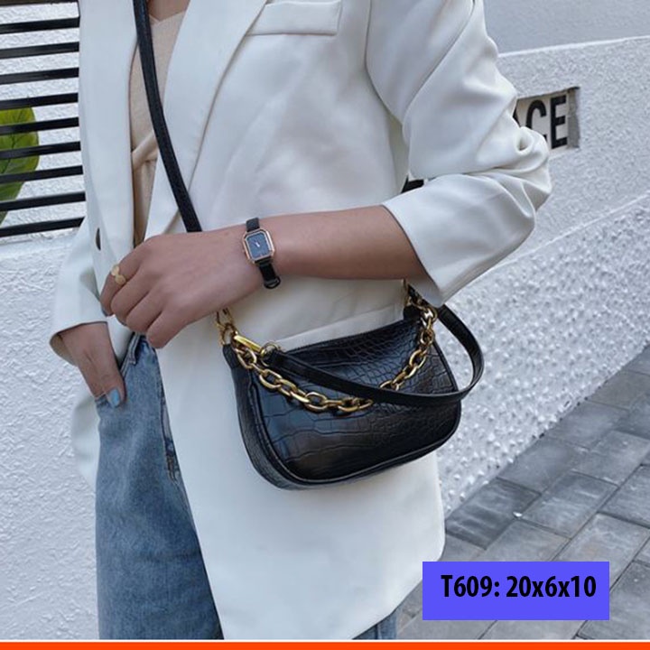 Túi xách đeo vai kẹp nách nữ da sần dây xích vàng có dây đeo chéo cá tính T609