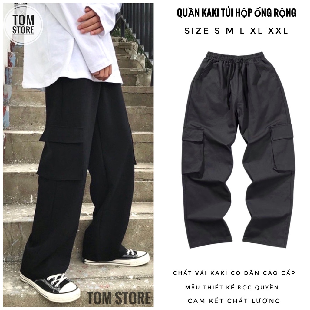 Quần kaki túi hộp ống rộng đen , dáng xuông , Cargo pants, phong cách streetwear mix đồ cực ngầu Big Size