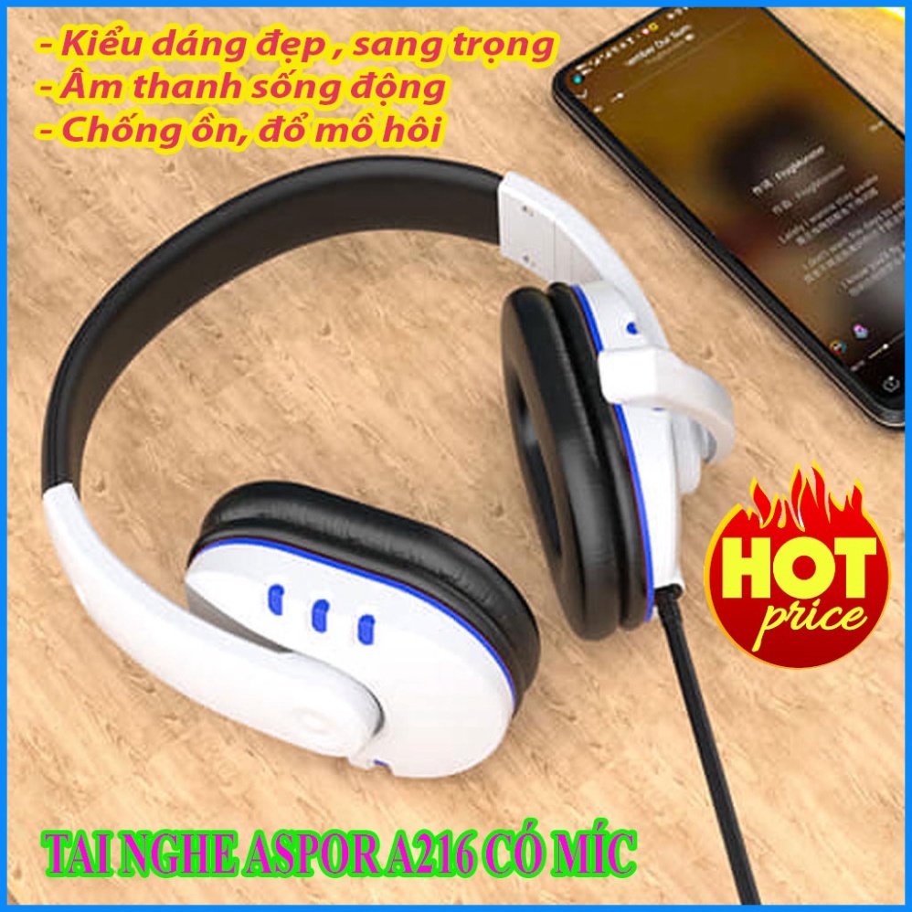 Tai Nghe Chụp Tai, Gaming ASPOR A216, Tặng Jack Cắm PC 1 Ra 2, Có MIC, Hỗ Trợ PS4/XB1S/XBXS/PC/Laptop/Điện Thoại