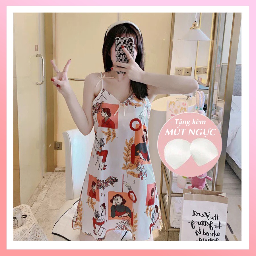 Váy ngủ hai dây đầm ngủ nữ sexy dễ thương bigsize chất lụa mềm mịn có đệm ngực đuôi xếp li kèm bịt mắt VN06