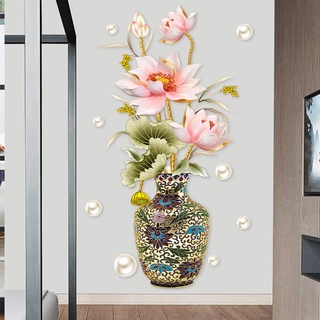 Decal dán tường bình hoa 3d sen hồng siêu đẹp 03