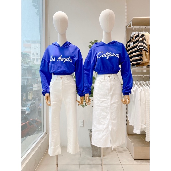 Áo croptop hoodie có mũ chất thun cotton eo bo thun in chữ nổi LA MIEU - JM26