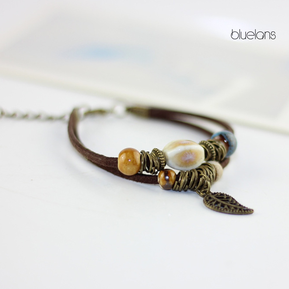 Vòng Tay Da Hai Lớp Đính Hạt Gốm Và Lá Phong Cách Bohemian