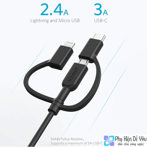 Cáp Anker PowerLine II 3 trong 1 - Lightning/Type C/Micro USB 90cm - A8436 [PHÂN PHỐI CHÍNH HÃNG VN, BẢO HÀNH 2 NĂM]