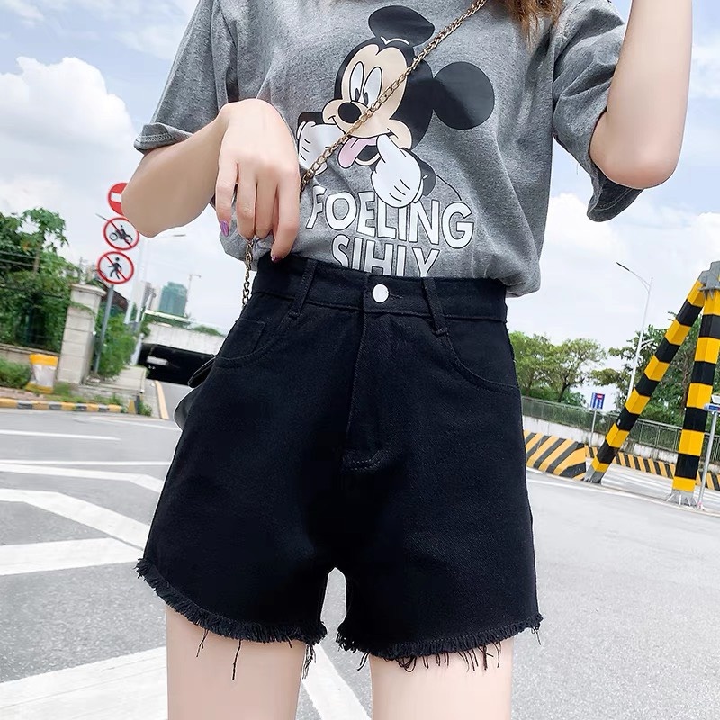 Quần sọt jean nữ hàng co giãn mạnh màu đen mẫu trơn tua lai - Hana Trâm Shop