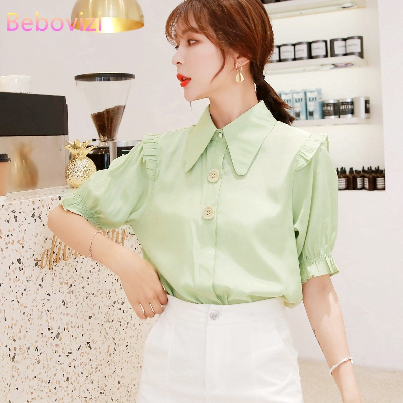 New 2020 White Green Solid Color Summer Fashion Korean Style Loose Short Sleeves Casual OL Office  Shirts Top for Women