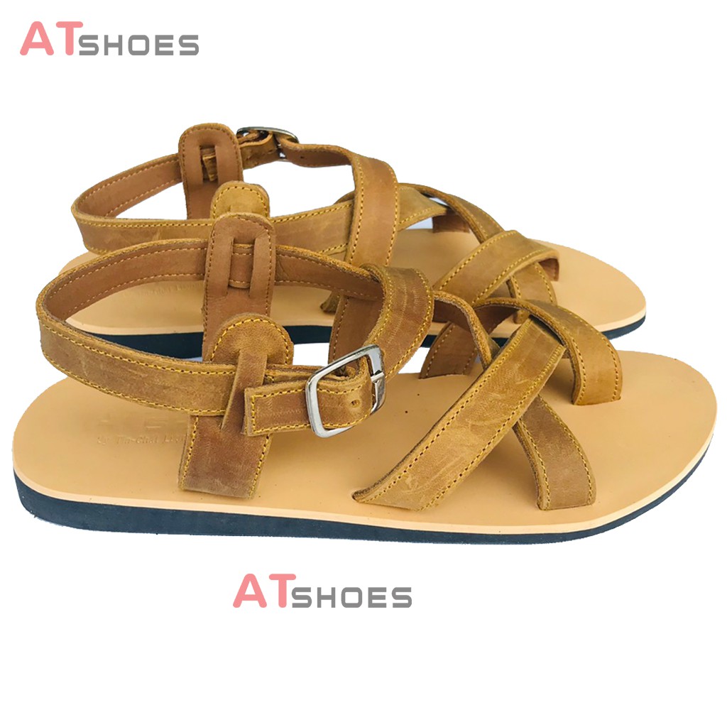 Dép Sandal Unisex cao cấp Da Bò Thật Sandal xỏ ngón nam nữ chuẩn kiểu Hàn Quốc Trẻ Trung Atshoes AT40 (Vàng)