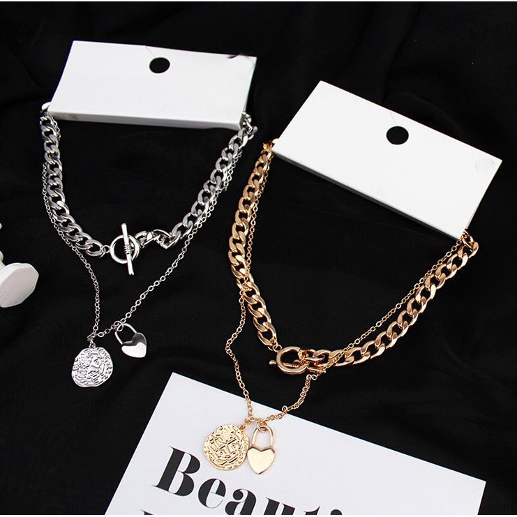 Dây Chuyền Nam Nữ Cá Tính Phụ Kiện Trang Sức, Vòng Cổ Đôi Unisex Bạc Vàng Hiphop 2 Lớp Móc Khóa Hình Trái Tim Hình Tròn