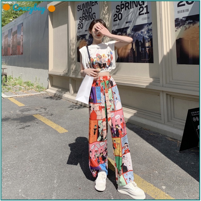 Cr Set 2 Món Áo Croptop Sát Nách + Quần Dài Ống Rộng In Họa Tiết Graffiti Thời Trang Cho Nữ