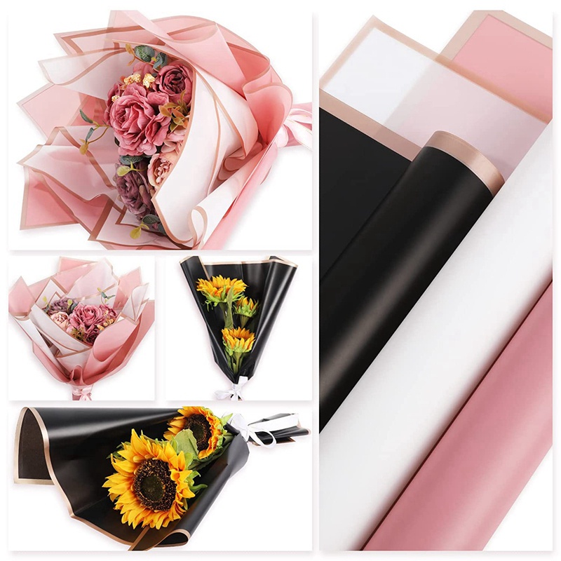 Set 60 Giấy Gói Hoa Chống Thấm Nước Màu Trắng Đen Viền Vàng