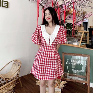 Đầm caro đỏ cổ nhọn