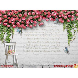 Tranh dán tường 3d giàn hoa hồng leo tường (size to khổ 1,2m)