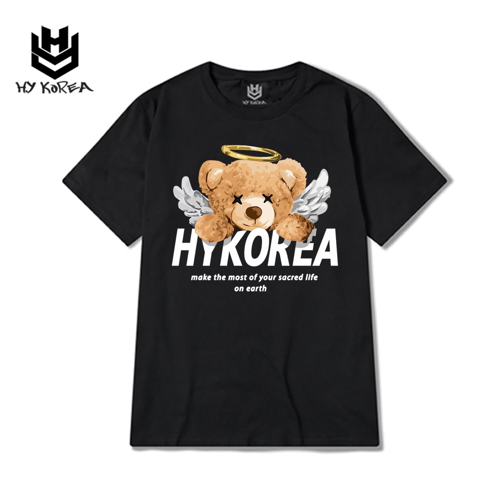 Áo Thun Nam Nữ HY Korea Form Rộng Cotton 100 In Hình Gấu Angle 567.