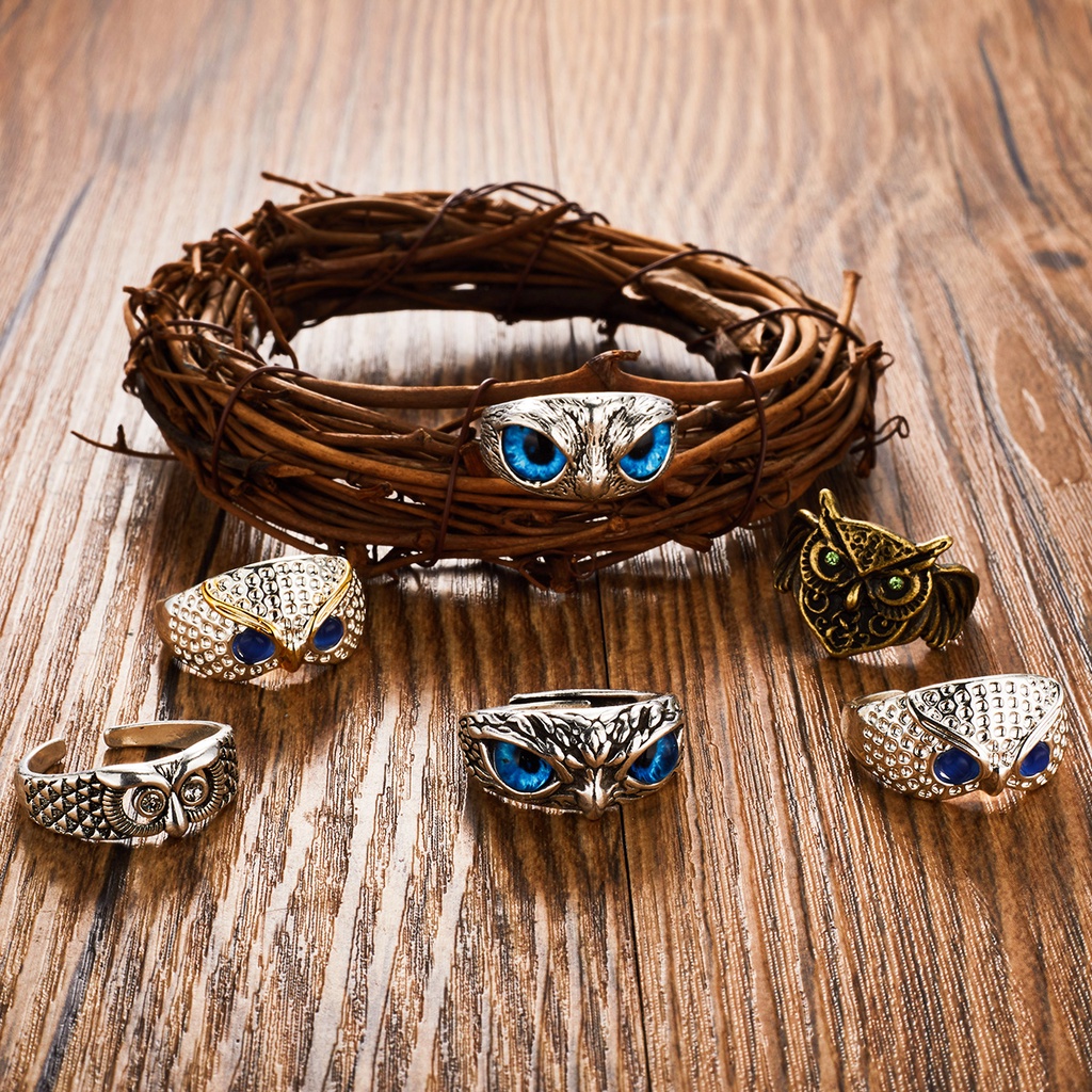 Nhẫn RINHOO FRIENDSHIP hình cú mèo mắt đính đá xanh phong cách hip hop cá tính cho nam và nữ