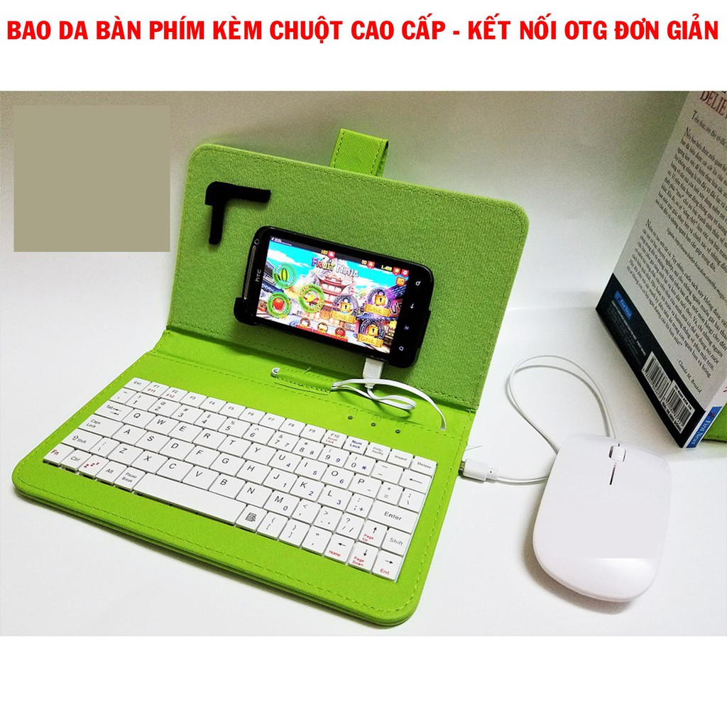 Bao da bàn phím kèm chuột + lót chuột cho điện thoại, máy tính bảng từ 4.5-8 inch (màu xanh phối)