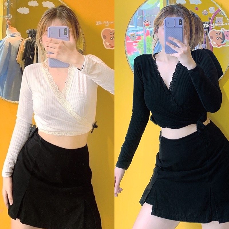 Áo croptop tay dài cột eo viền ren siêu xinh xắn  A24